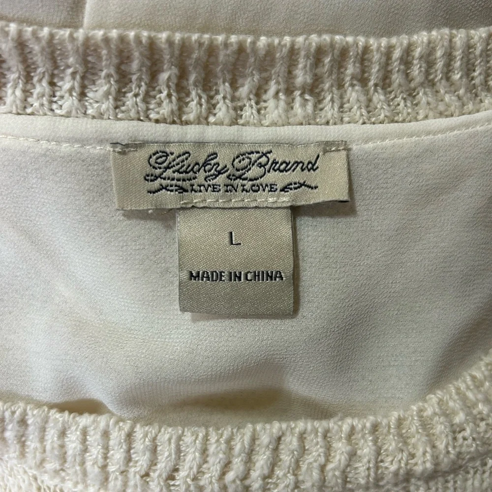 Lucky Brand Ivory Linen Blend Layered‎ Split Back Lace Sleeve Sweater